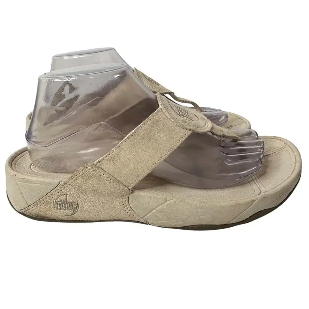 FitFlop Womens Lulu Wobbleboard Suede Toe Post Sandals Beige Comfort Size 9